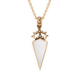 9ct Rose Gold Whitby Jet White Mother Of Pearl Double Sided Scroll Top Dagger Fob Necklace, P423.