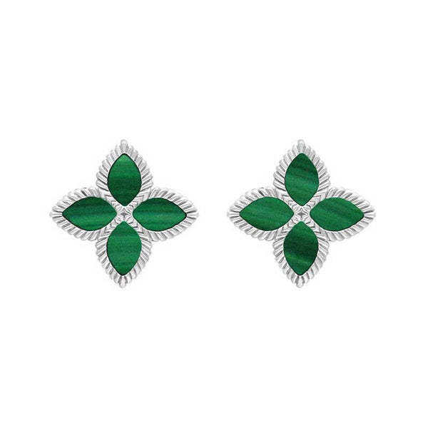 9ct White Gold Malachite Bloom Flower Ball Edge Stud Earrings E2602