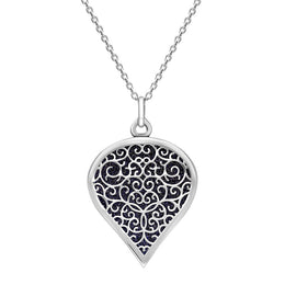 9ct White Gold Blue Goldstone Flore Filigree Large Heart Necklace. P3631.