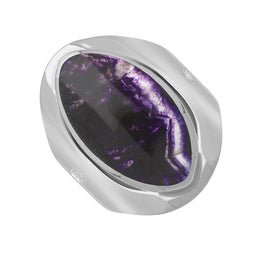 9ct White Gold Blue John Hallmark Medium Oval Ring. R012_FH.