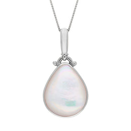 9ct White Gold Blue John Mother of Pearl Double Sided Pear Fob Necklace, P056_2.