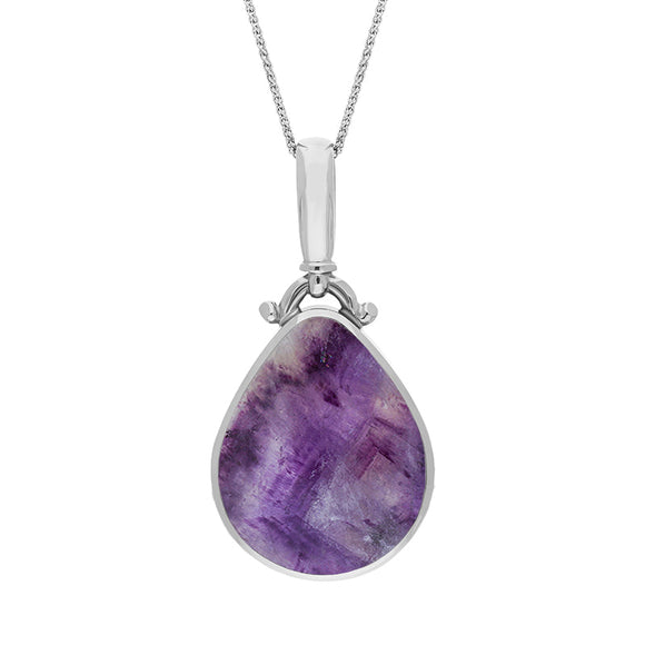 9ct White Gold Blue John Mother of Pearl Double Sided Pear Fob Necklace, P056_1.