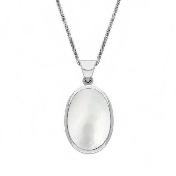 9ct White Gold Blue John White Mother Of Pearl Small Double Sided Fob Necklace, P832_2.
