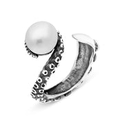 9ct White Gold Freshwater Pearl Bead Swirl Tentacle Ring, R1184.