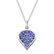 9ct White Gold Lapis Lazuli Flore Filigree Medium Heart Necklace. P3630.