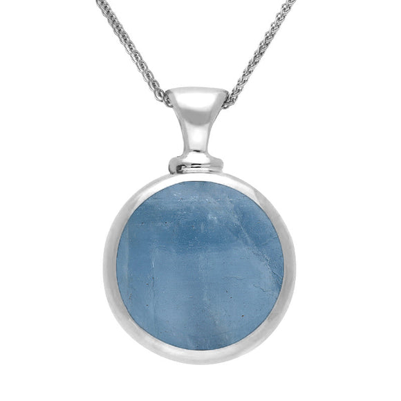 9ct White Gold Whitby Jet Aquamarine Double Sided Round Dinky Fob Necklace, P218.