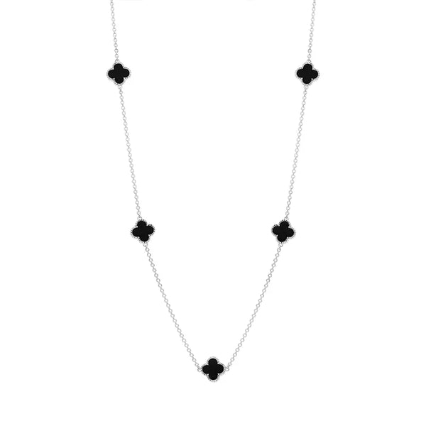 9ct White Gold Whitby Jet Bloom Four Leaf Clover Ball Edge Necklace, N1154