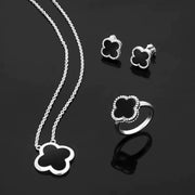 9ct White Gold Whitby Jet Bloom Four Leaf Clover Ball Edge Necklace