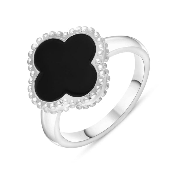 9ct White Gold Whitby Jet Bloom Four Leaf Clover Ball Edge Ring, R1264
