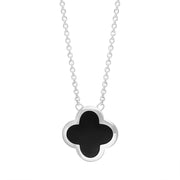 9ct White Gold Whitby Jet Bloom Large Four Leaf Clover Polished Edge Pendant, N1153
