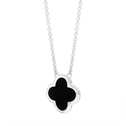 9ct White Gold Whitby Jet Bloom Large Four Leaf Clover Polished Edge Pendant