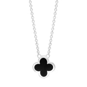 9ct White Gold Whitby Jet Bloom Small Four Leaf Clover Polished Edge Pendant, N1152