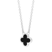 9ct White Gold Whitby Jet Bloom Small Four Leaf Clover Polished Edge Pendant
