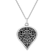 9ct White Gold Whitby Jet Flore Filigree Large Heart Necklace. P3631.