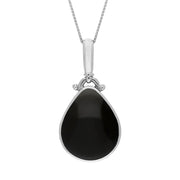 9ct White Gold Whitby Jet Lapis Lazuli Double Sided Pear Fob Necklace, P056_2.