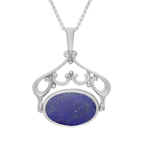 9ct White Gold Whitby Jet Lapis Lazuli Ornate Double Sided Oval Swivel Fob Necklace, P116_8.