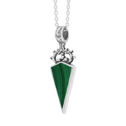 9ct White Gold Whitby Jet Malachite Double Sided Scroll Top Dagger Fob Necklace, P423_3.