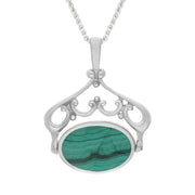 9ct White Gold Whitby Jet Malachite Ornate Double Sided Oval Swivel Fob Necklace, P116_8.