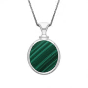 9ct White Gold Whitby Jet Malachite Small Double Sided Oval Fob Necklace, P219.
