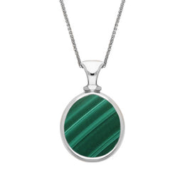 9ct White Gold Whitby Jet Malachite Small Double Sided Pear Fob Necklace, P220.