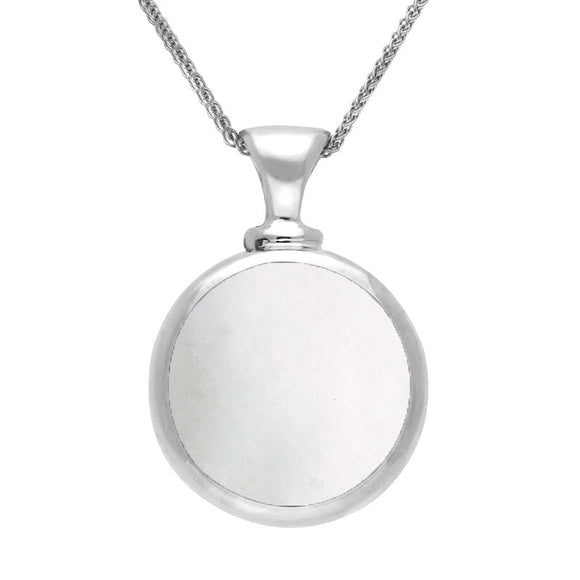 9ct White Gold Whitby Jet White Mother Of Pearl Double Sided Round Dinky Fob Necklace, P218.