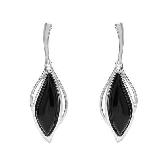 9ct White Gold Whitby Jet Open Marquise Drop Earrings, E2437