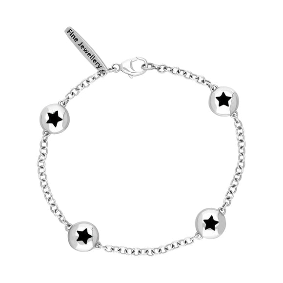 9ct White Gold Whitby Jet Oval Star Detail Four Stone Bracelet, B796.