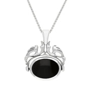 9ct White Gold Whitby Jet Turquoise Double Sided Oval Swivel Fob Necklace, P104_4_2.