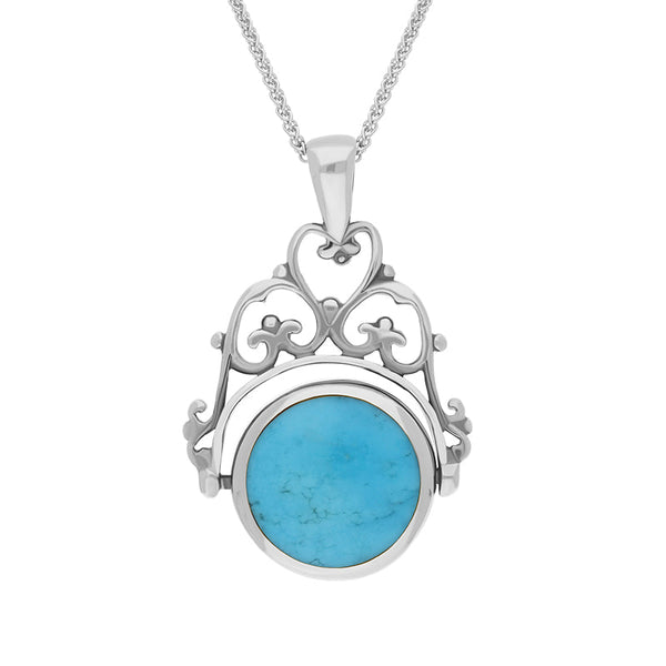 9ct White Gold Whitby Jet Turquoise Double Sided Round Swivel Fob Necklace, P110_2.