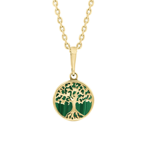 9ct Yellow Gold Malachite Round Tree of Life Necklace, P3616.