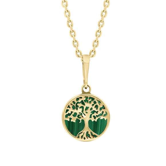 9ct Yellow Gold Malachite Round Tree of Life Necklace, P3616.