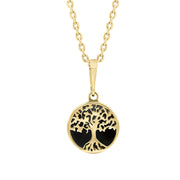 9ct Yellow Gold Whitby Jet Round Tree of Life Necklace, P3616.