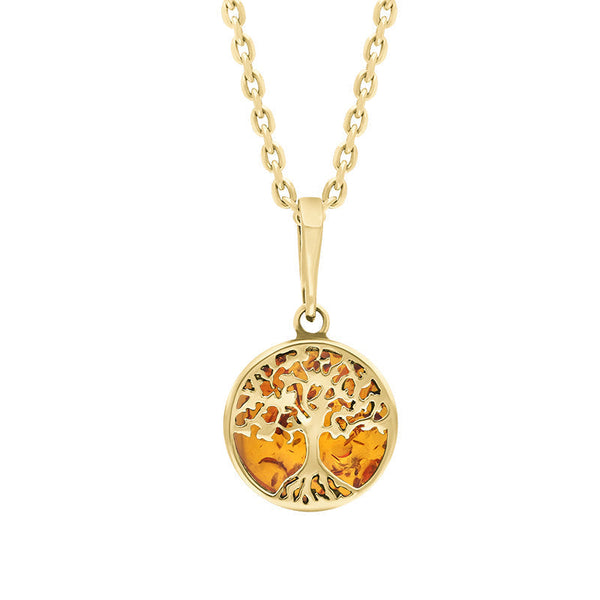 9ct Yellow Gold Amber Round Tree of Life Necklace, P3616.