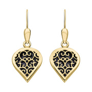 9ct Yellow Gold Blue Goldstone Flore Filigree Heart Drop Earrings. E2588.