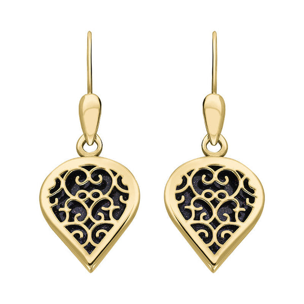 9ct Yellow Gold Blue Goldstone Flore Filigree Heart Drop Earrings. E2588.