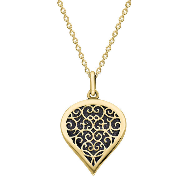 9ct Yellow Gold Blue Goldstone Flore Filigree Medium Heart Necklace. P3630.