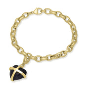 9ct Yellow Gold Blue Goldstone Medium Cross Heart Charm Bracelet, B1210