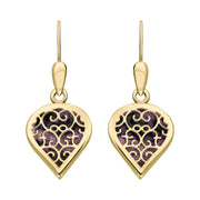 9ct Yellow Gold Blue John Flore Filigree Heart Drop Earrings. E2588.