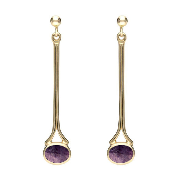 9ct Yellow Gold Blue John Long Drop Earrings. E094.