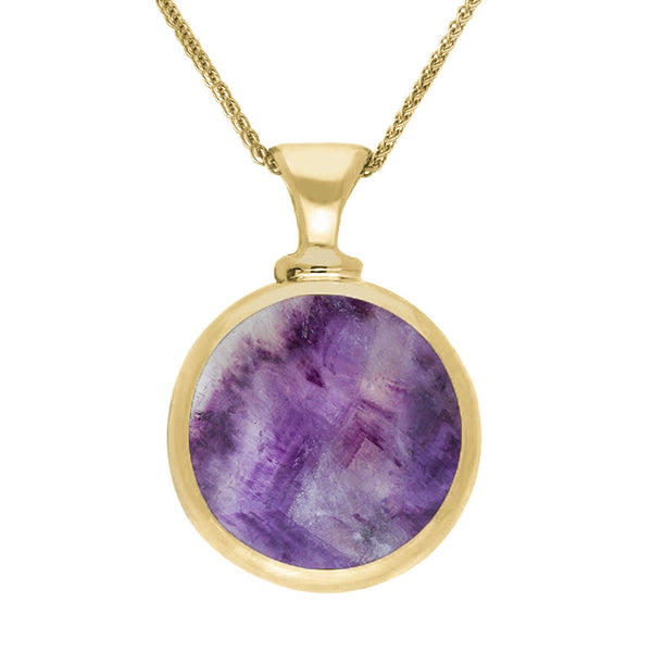 9ct Yellow Gold Blue John White Mother Of Pearl Double Sided Round Dinky Fob Necklace, P218.