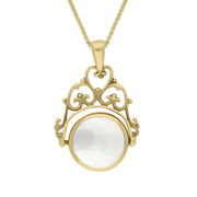 9ct Yellow Gold Blue John Mother Of Pearl Double Sided Round Swivel Fob Necklace, P110_2.