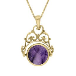 9ct Yellow Gold Blue John Mother Of Pearl Double Sided Round Swivel Fob Necklace, P110_2_2.