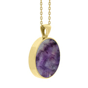 9ct Yellow Gold Blue John Mother Of Pearl Large Double Sided Round Fob Necklace, P012_3.