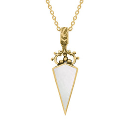 9ct Yellow Gold Blue John White Mother Of Pearl Double Sided Scroll Top Dagger Fob Necklace, P423_2.