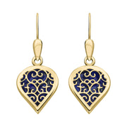 9ct Yellow Gold Lapis Lazuli Flore Filigree Heart Drop Earrings. E2588.