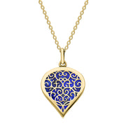 9ct Yellow Gold Lapis Lazuli Flore Filigree Medium Heart Necklace. P3630.