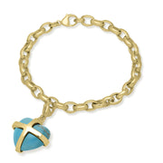 9ct Yellow Gold Turquoise Large Cross Heart Charm Bracelet, B1211