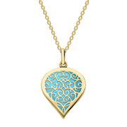 9ct Yellow Gold Turquoise Flore Filigree Medium Heart Necklace. P3630.