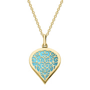 9ct Yellow Gold Turquoise Flore Filigree Medium Heart Necklace. P3630.