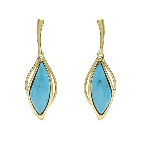 9ct Yellow Gold Turquoise Open Marquise Drop Earrings